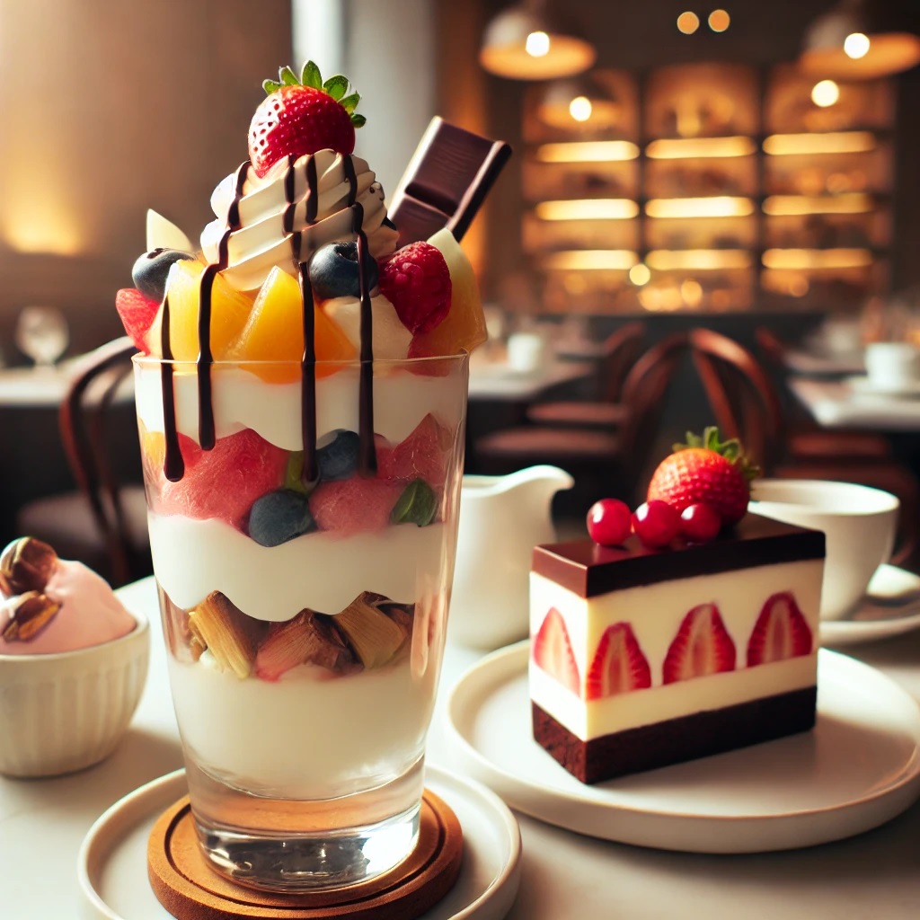 DALL·E 2024-09-04 00.09.05 – A beautiful and appetizing dessert scene featuring a variety of sweets. The focus is on a tall, layered parfait with fresh fruits, whipped cream, and